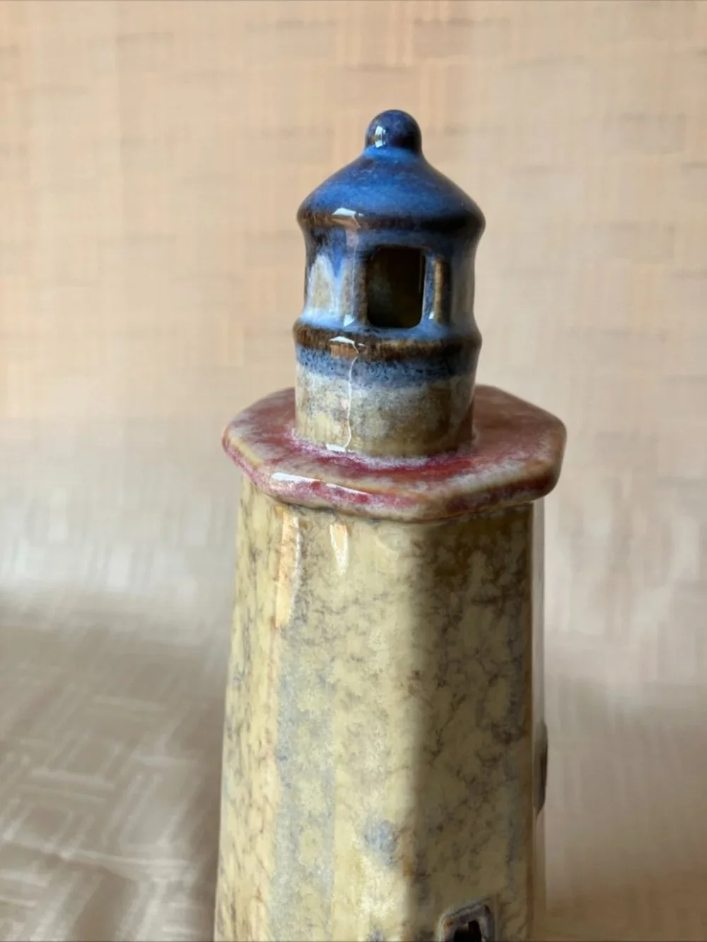 Ceramic Lighthouse Tealight Candle Holder 8 in Tall in Speckled Tan & Blue Hues